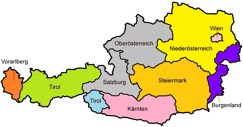 Itävallan kartta, jossa näkyy eri väreillä maalattuna yhdeksän maakuntaa.
