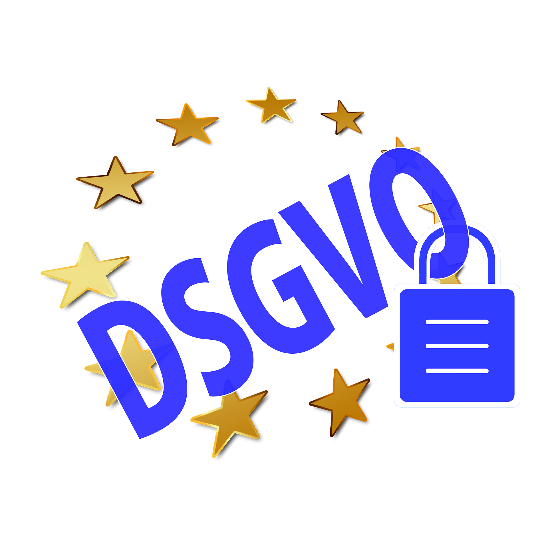 Lyhenne DSGVO, jonka ympärillä EU:n tähdet ja munalukko.