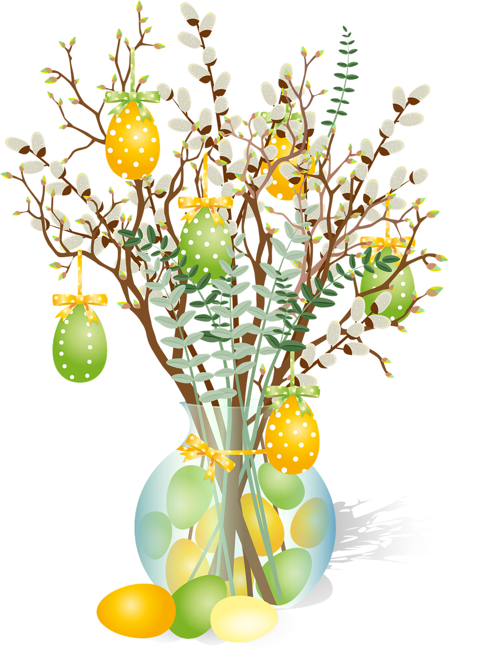 Piirroskuva pääsiäismunin koristelluista pajunkissoista maljakossa.